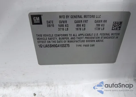 2016 Chevrolet Sonic Ls Auto z USA, uszkodzony, nr VIN 1G1JA5SH8G4103275